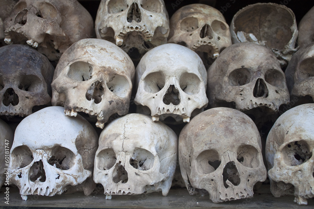 Stacked human skulls at the Killing Fields, Cambodia