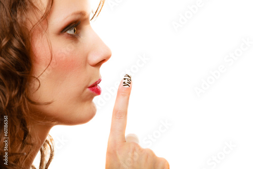 profile part of face woman with silence sign gesture isolated