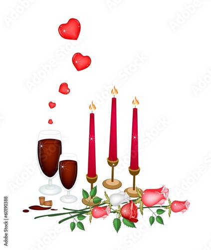 Valentine Candles with Lovely Rose and Wine