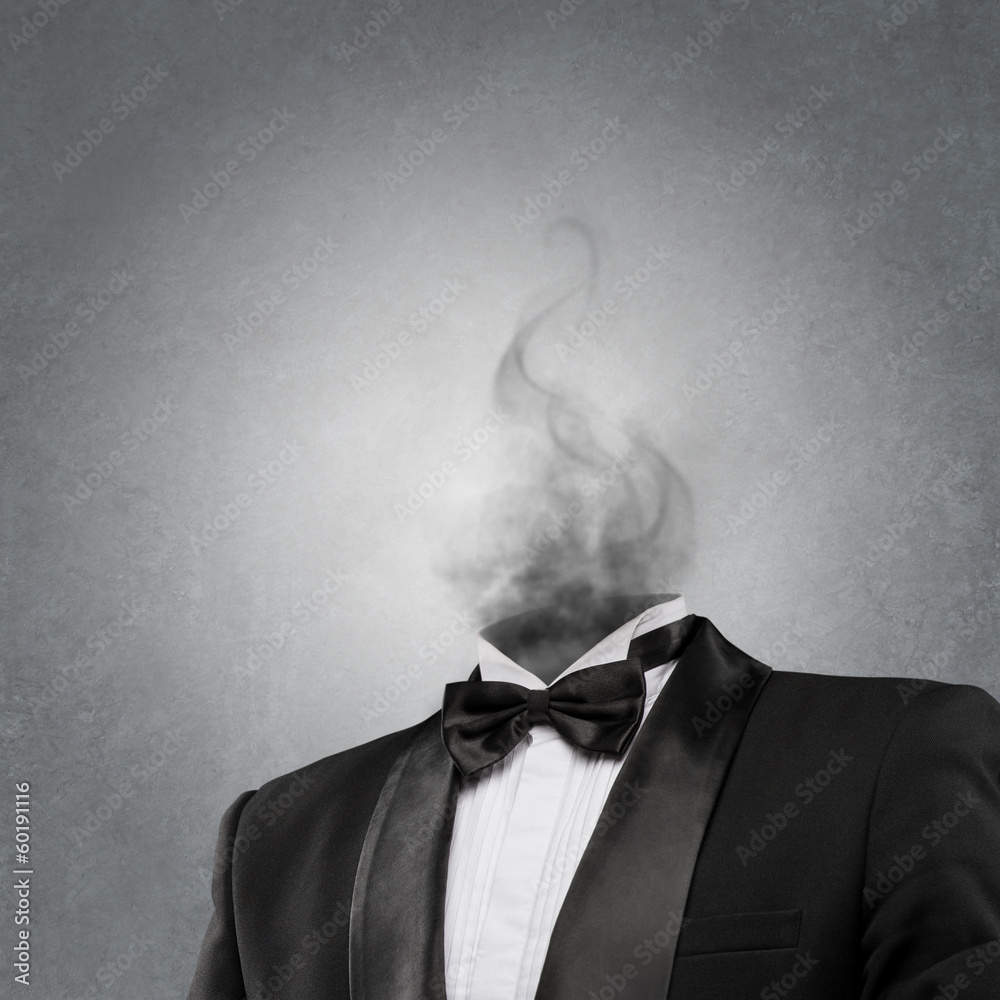 Overworked burnout business man standing headless with smoke ins - obrazy, fototapety, plakaty 
