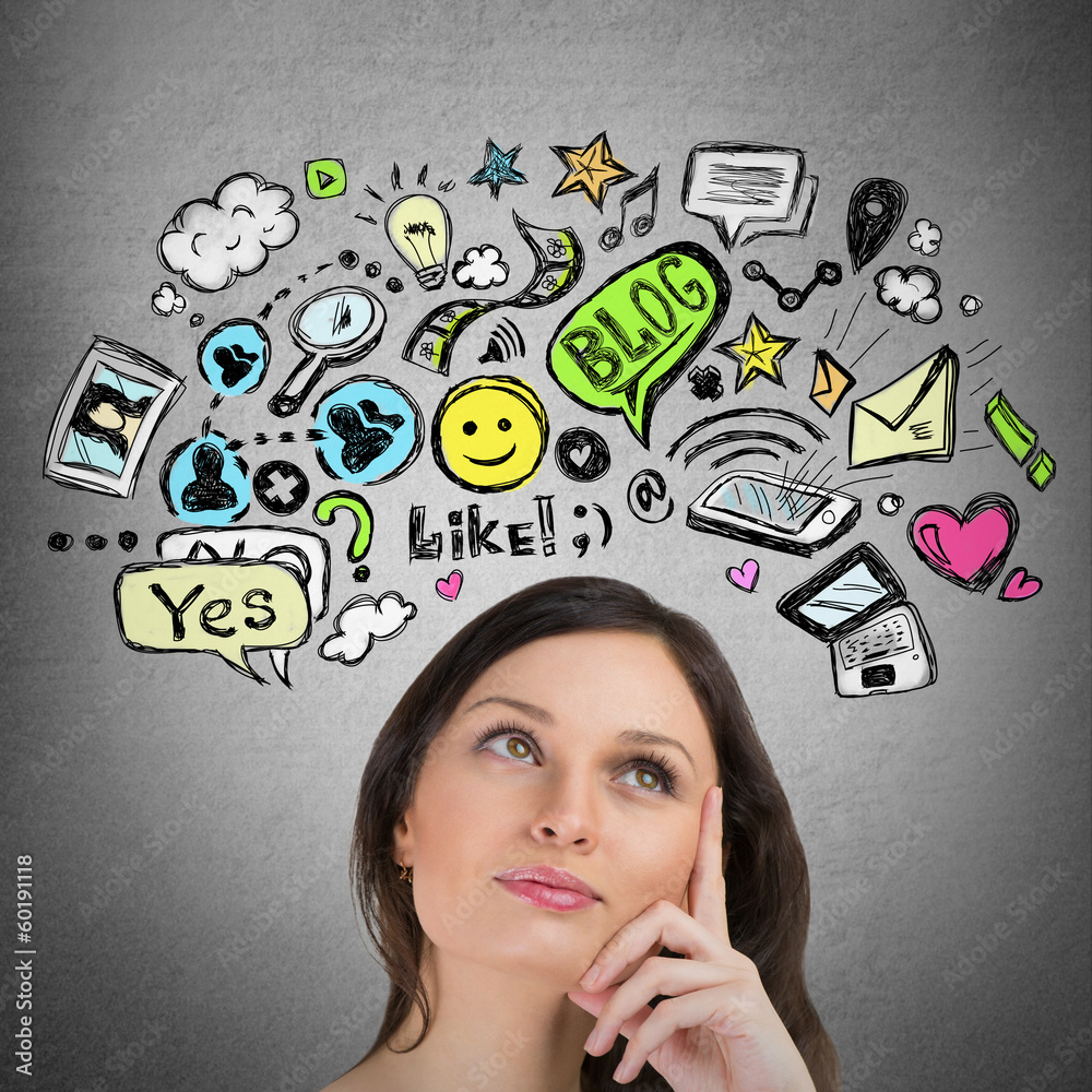 Young pretty woman thinking of her plans closeup face portrait a Young pretty woman thinking of her plans closeup face portrait a