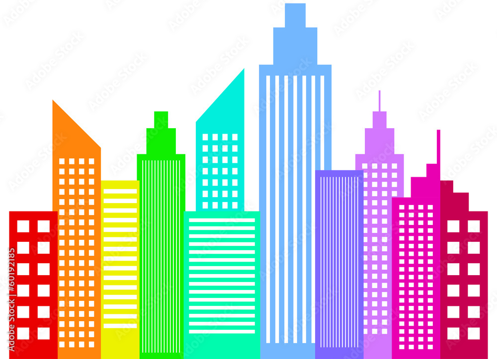 Rainbow Colored Modern City Skyscrapers Buildings Silhouettes Rainbow Colored Modern City Skyscrapers Buildings Silhouettes