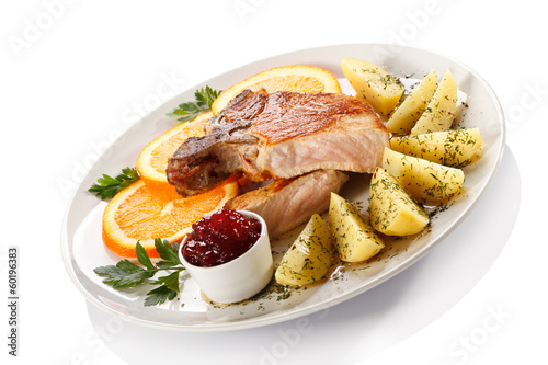 Bilde på lerret Grilled steak, boiled potatoes and lingonberry jam