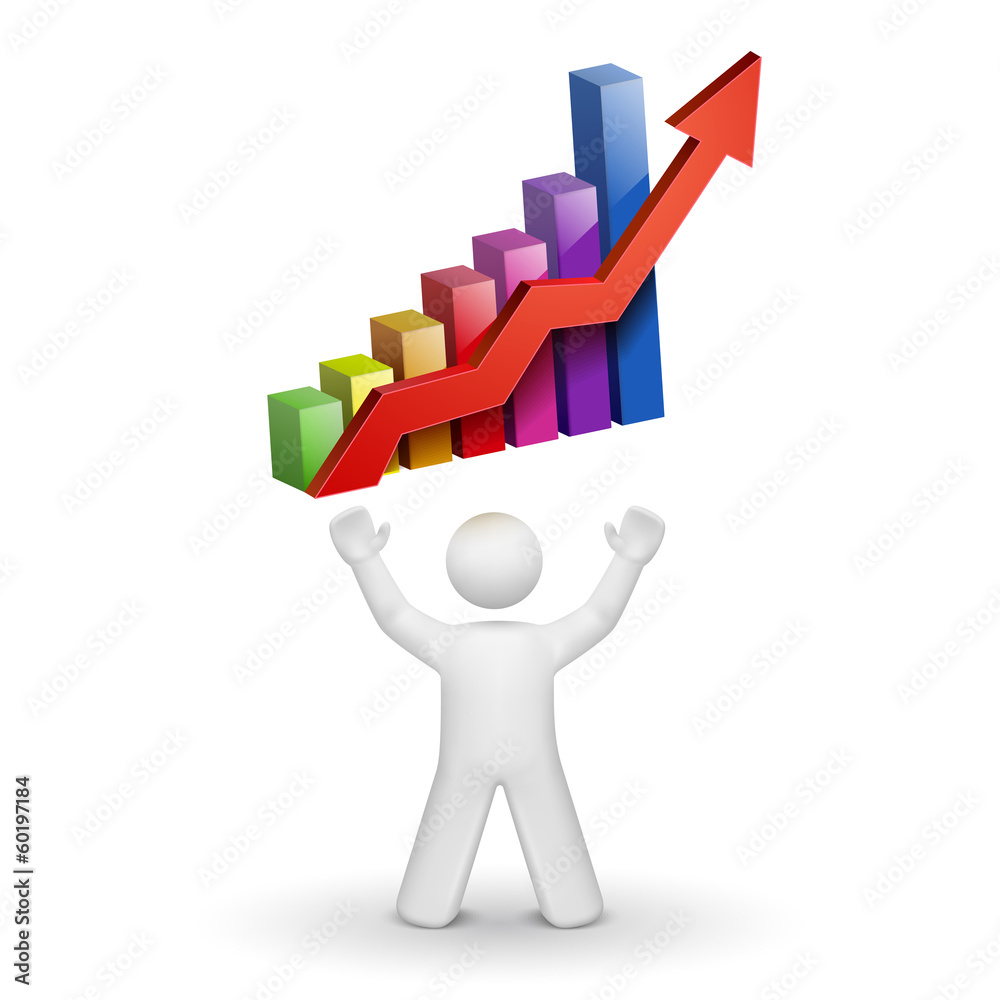3d person looking up at a bar chart graph 3d person looking up at a bar chart graph