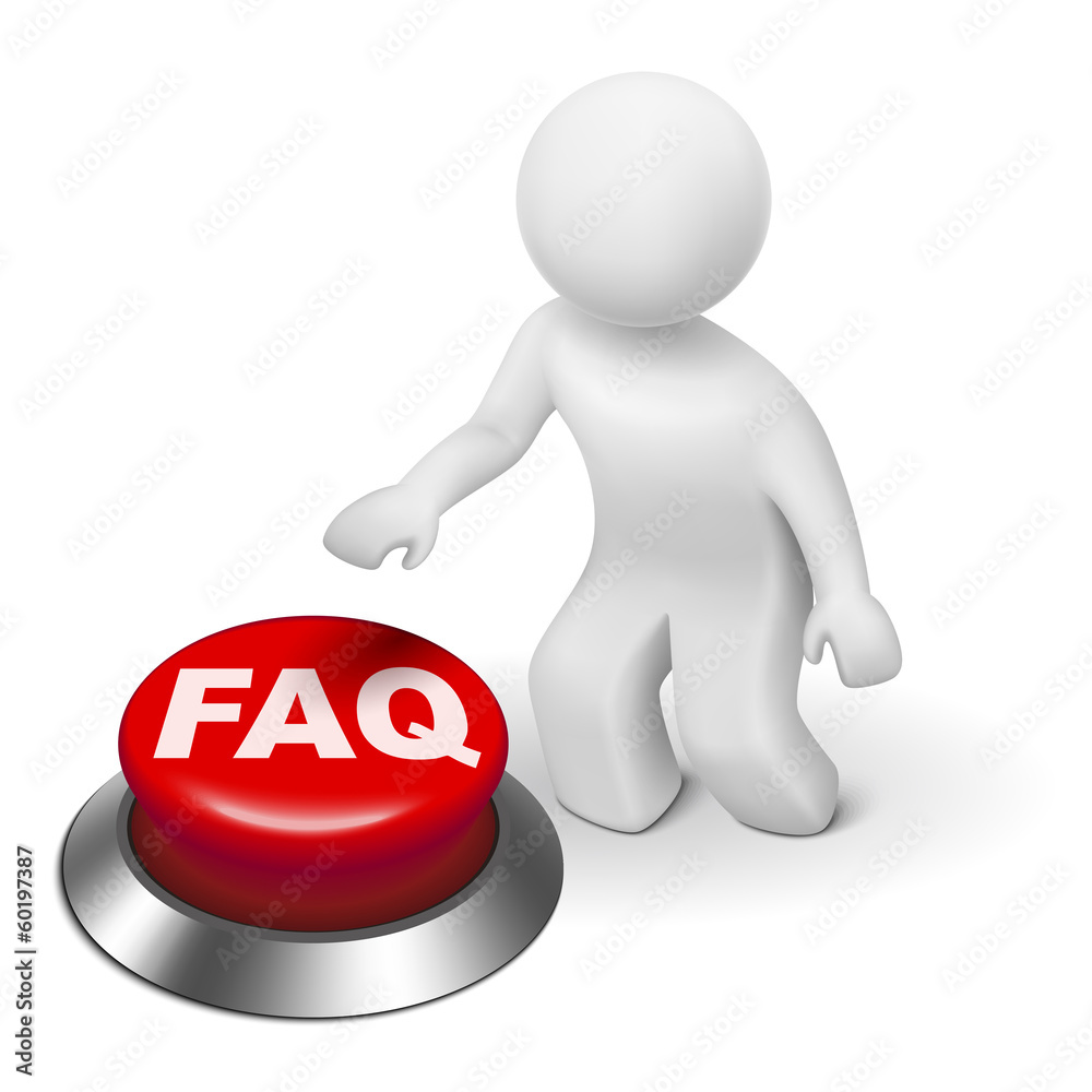 3d man is pushing the FAQ button 3d man is pushing the FAQ button