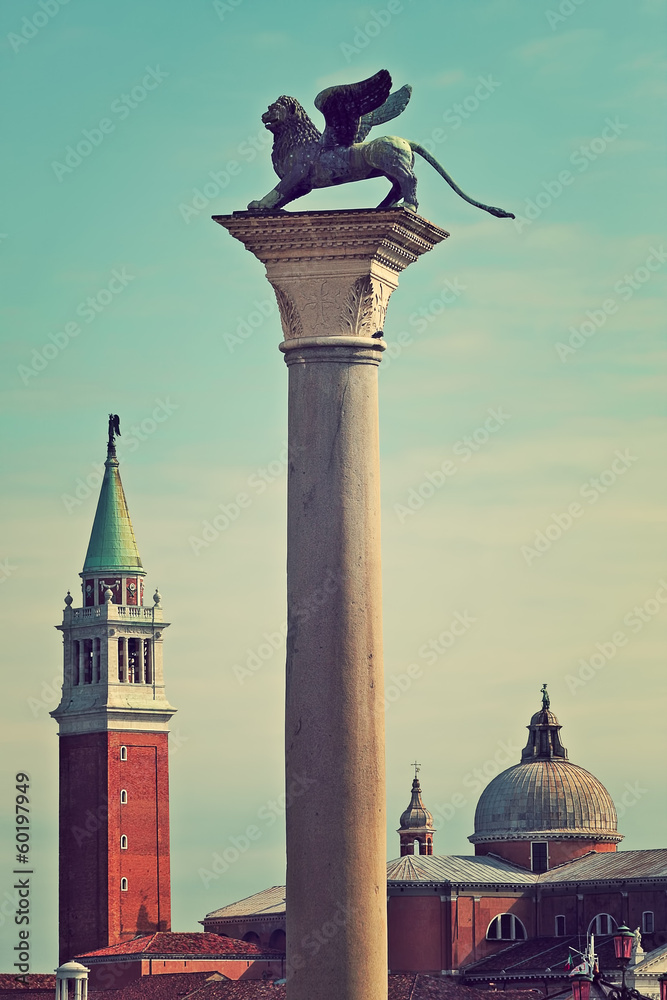 Fototapeta premium Winge lion on marble column in Venice, Italy.