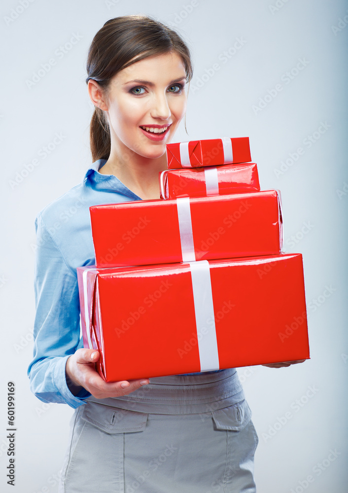 Business woman hold gift box in christmas color style, studio p Business woman hold gift box in christmas color style, studio p