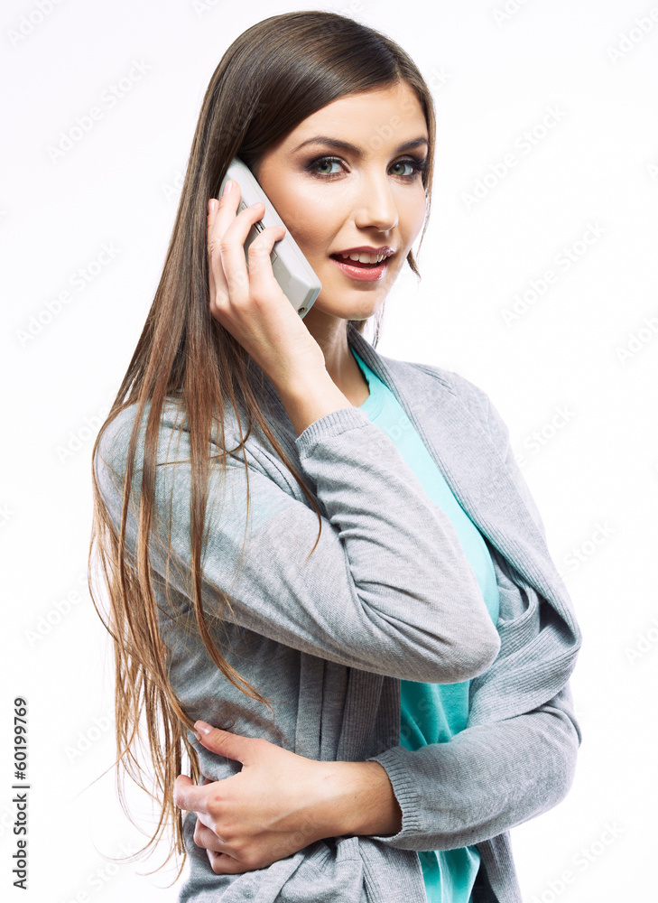 Woman phone talking portrait. White background isolated. Woman phone talking portrait. White background isolated.