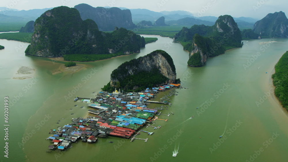 Aerial view Ko Panyi a Muslim fishing village, Phang nga bay, Thailand 