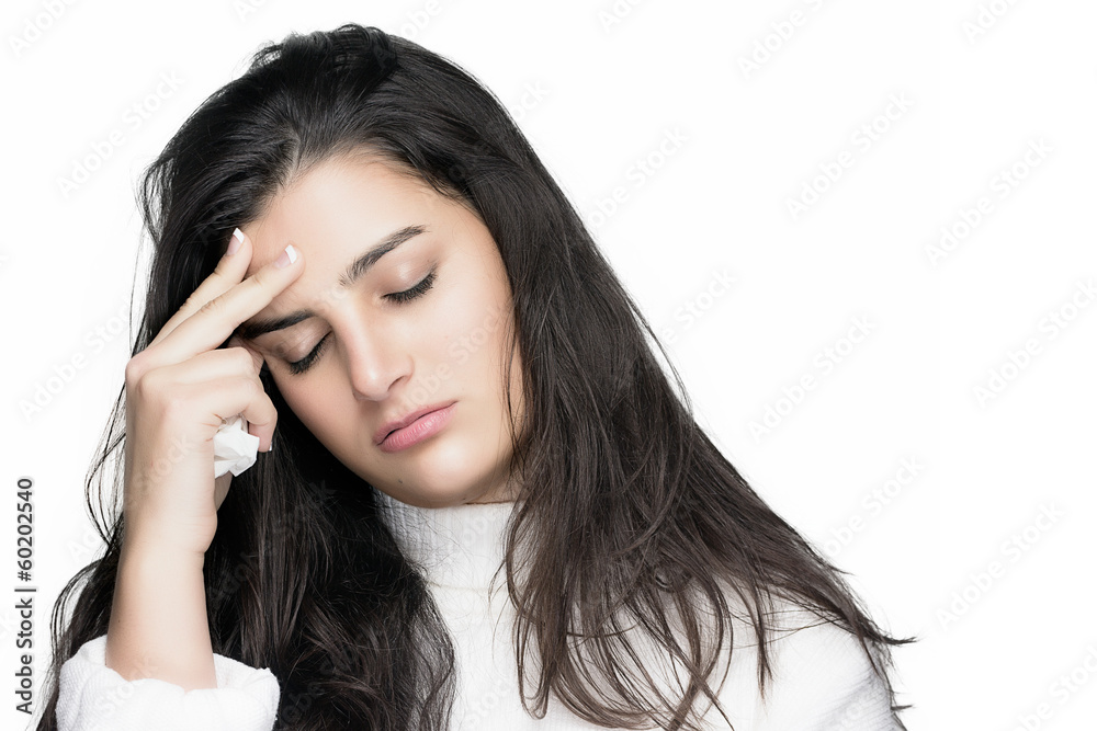 Sick Young Woman with Headache. Flu or Allergy Sick Young Woman with Headache. Flu or Allergy