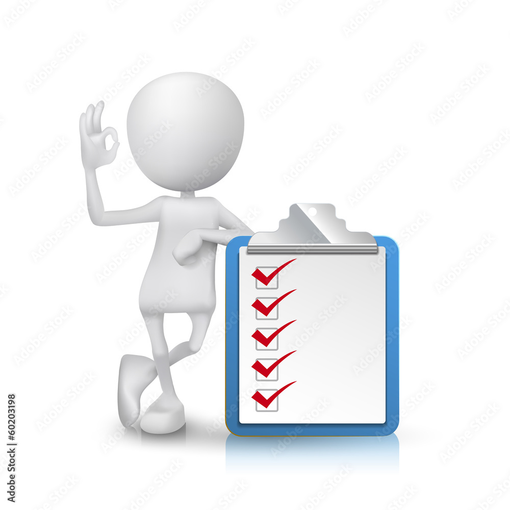 3d man showing okay hand sign with a clipping note pad and check 3d man showing okay hand sign with a clipping note pad and check