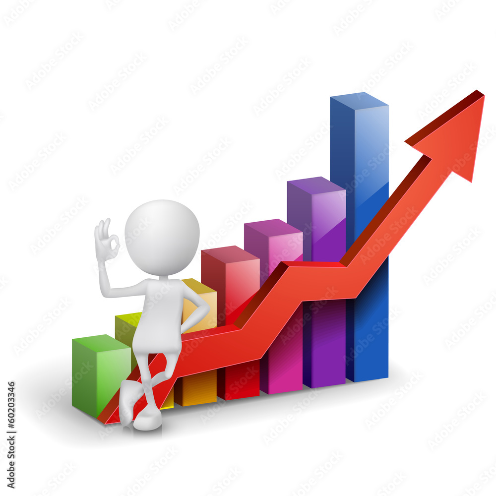 3d man showing okay hand sign with a bar chart graph 3d man showing okay hand sign with a bar chart graph