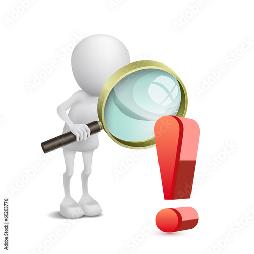3d person watching an exclamation mark with a magnifying glass
