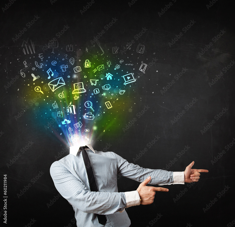 Business man with glowing media icons exploding head Business man with glowing media icons exploding head