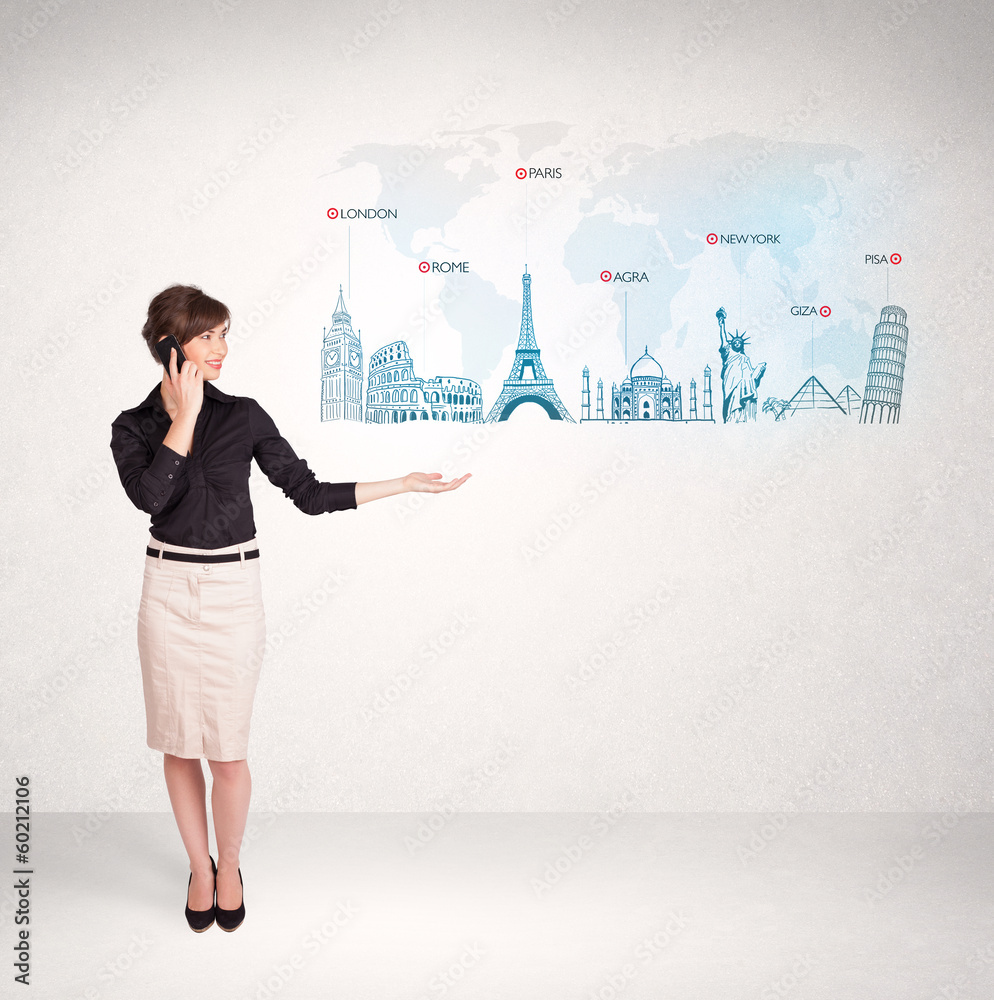 Fototapeta premium Business woman presenting map with famous cities and landmarks