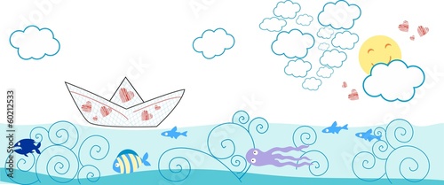 Valentines day greeting card with paper boat and fish