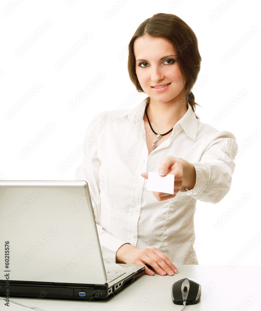 Happy woman sitting on the desk and shopping online Happy woman sitting on the desk and shopping online