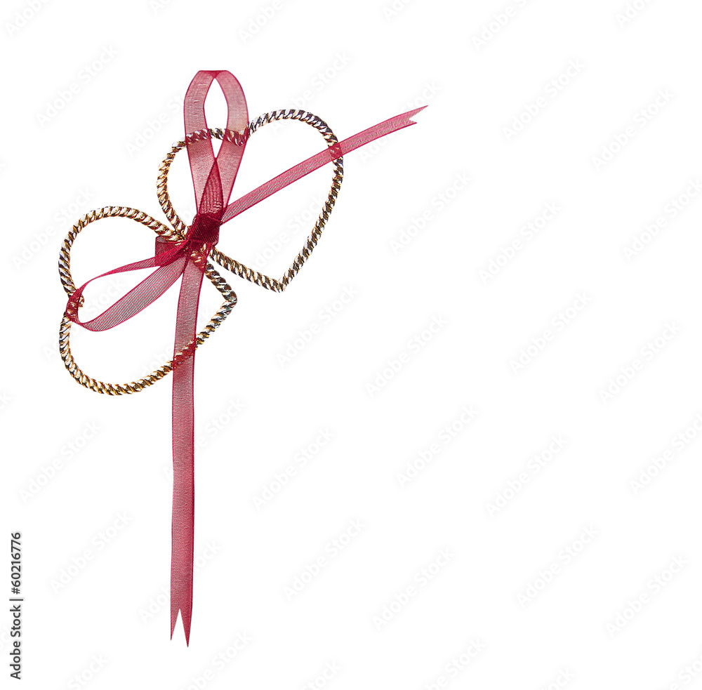 two golden hearts with red bow on white background two golden hearts with red bow on white background