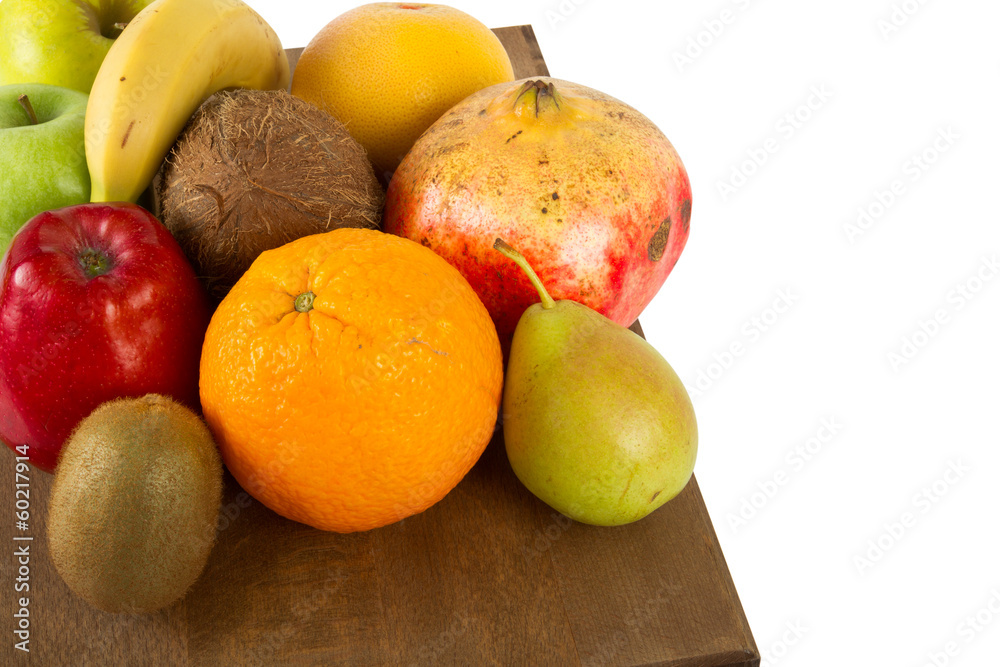 Fresh juicy fruit variety on white background