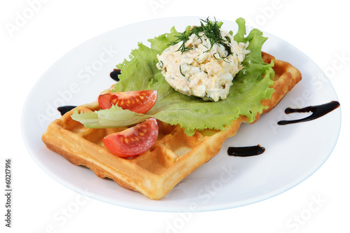 Plate with fast food, Belgian waffle, side dish, tomato, lettuce