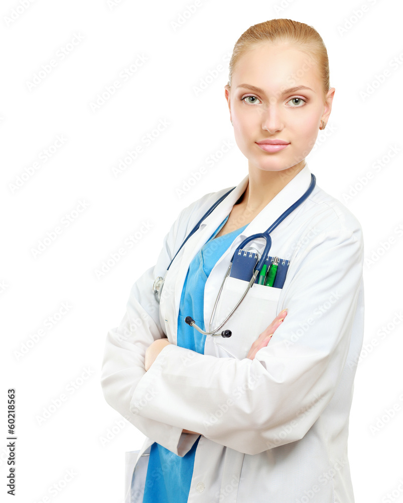 Smiling young doctor in white coat standing Smiling young doctor in white coat standing