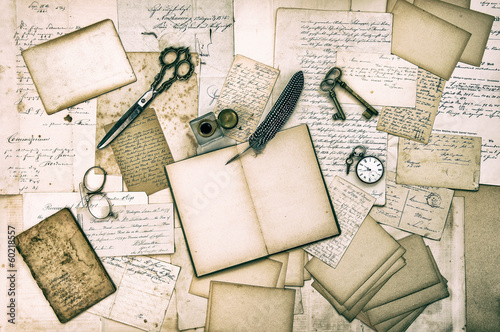 фотографія antique accessories, old letters and vintage ink pen
