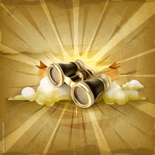 Vintage binoculars, old style vector background
