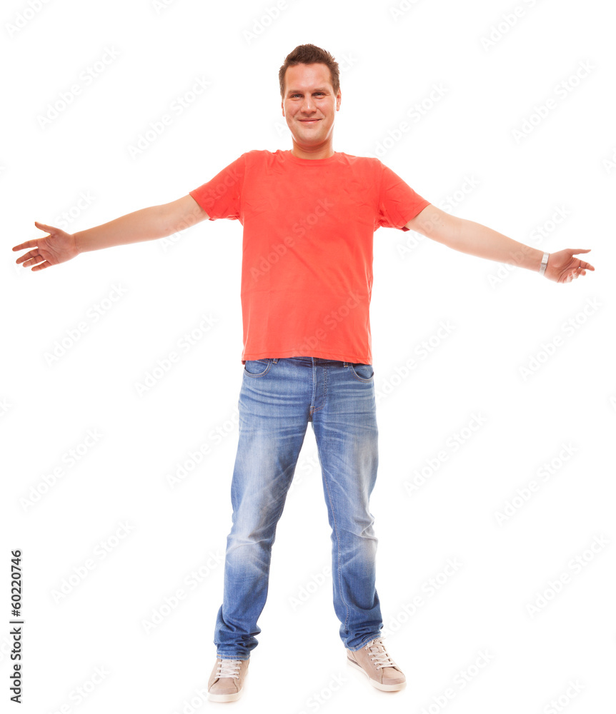 Young man guy casual style red t-shirt jaens isolated