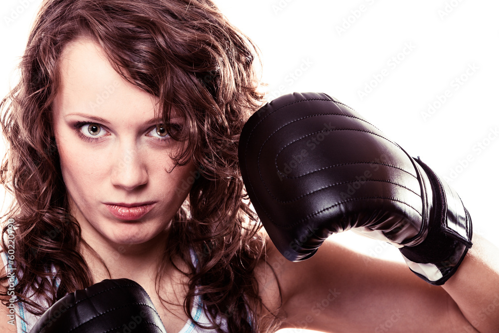 Sport boxer woman in gloves. Fitness girl training kick boxing.