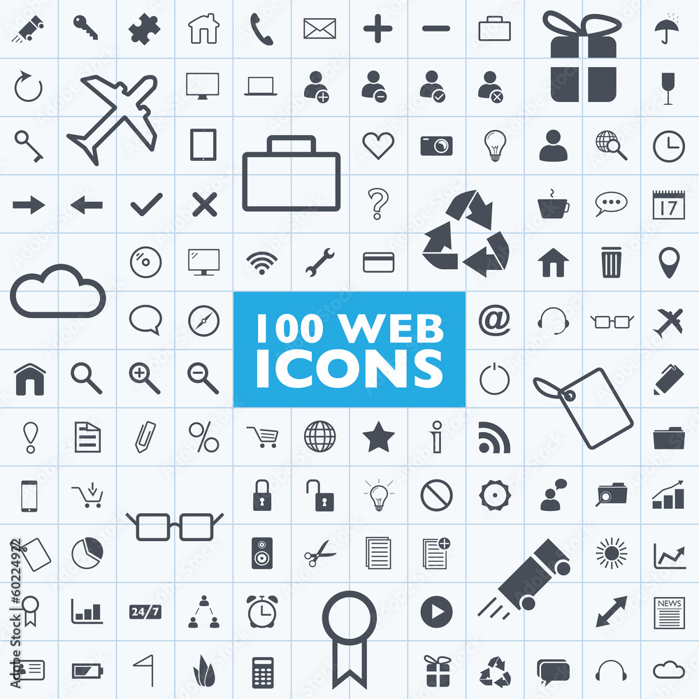 Set of 100 grey web icon vectors with grid Set of 100 grey web icon vectors with grid