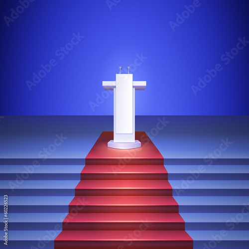 Scene with tribune and stairs covered red carpet. Place for
