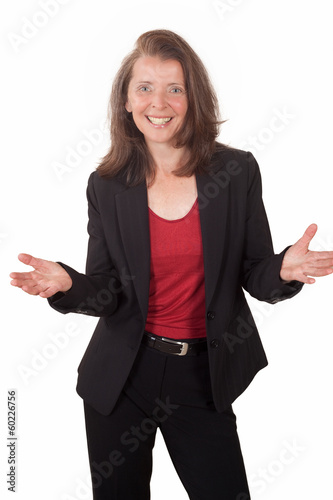 Geschäftsfrau macht eine einladende Geste Stock-Foto | Adobe Stock