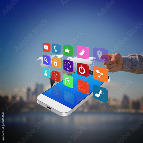 Businessman pressing colorful application icons on smartphone ,c