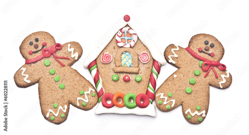 gingerbread house with gingerbread man on white background gingerbread house with gingerbread man on white background