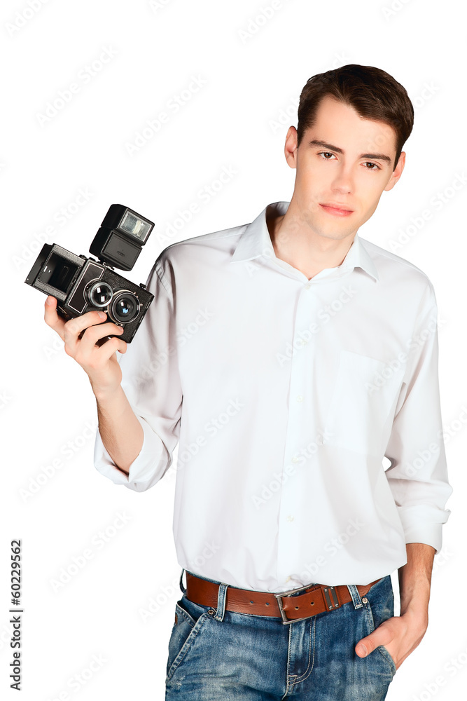 young man posing with camera isolated on white background young man posing with camera isolated on white background