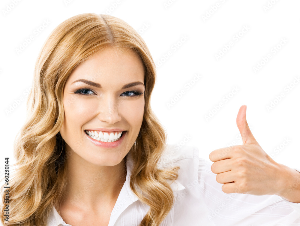 Businesswoman showing blank signboard, isolated Businesswoman showing blank signboard, isolated