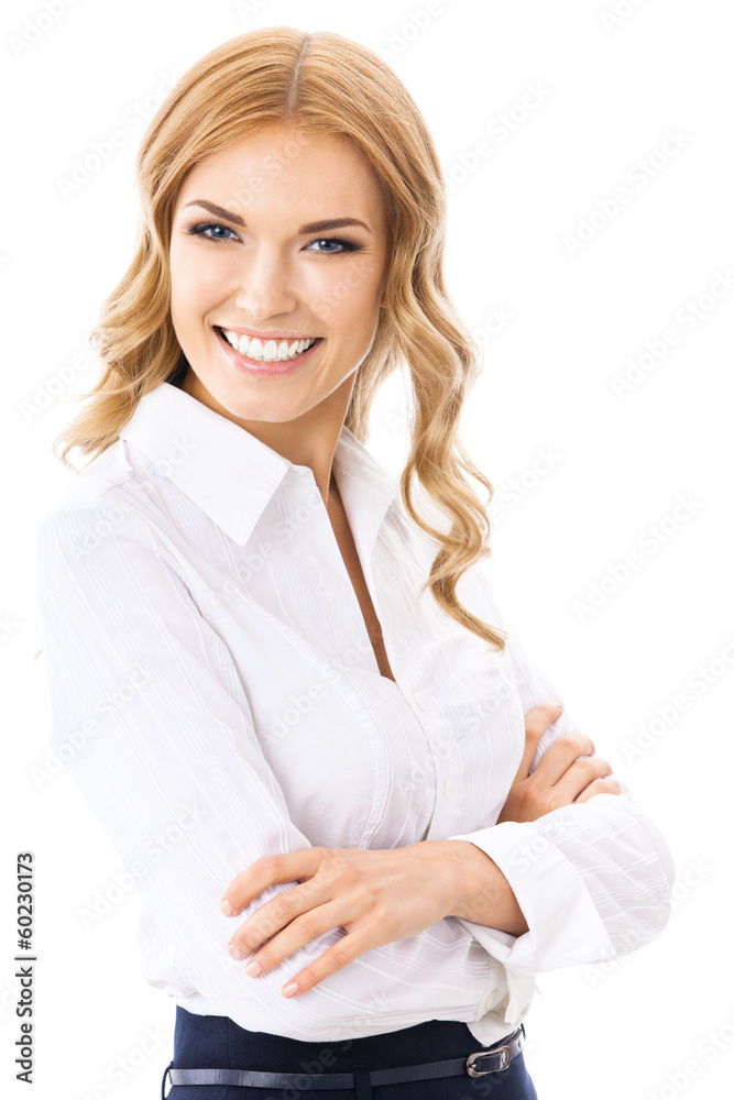 Young cheerful business woman, on white Young cheerful business woman, on white