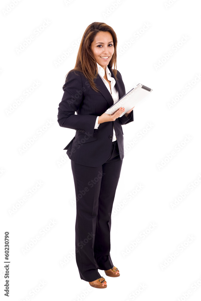 Smiling business woman using digital tablet computer, isolated o Smiling business woman using digital tablet computer, isolated o