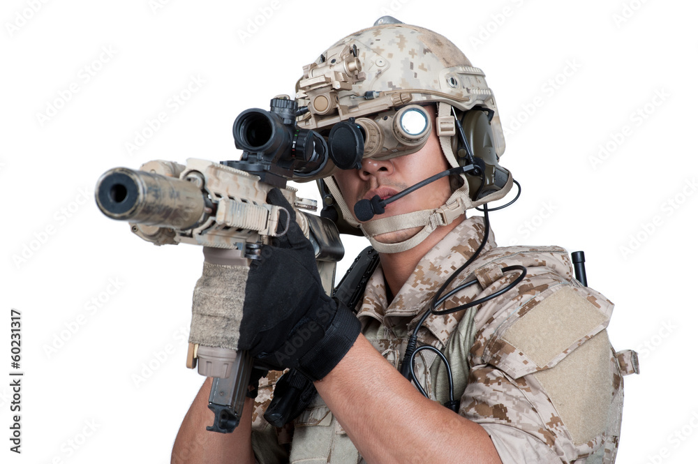 soldier man holding Machine gun shoot