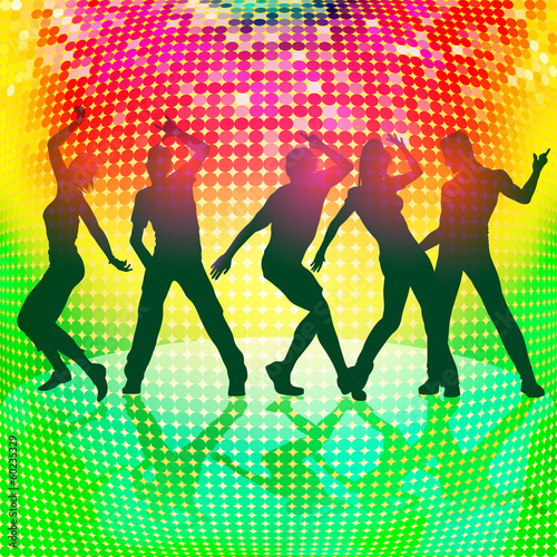 silhouettes of party people on colorful disco background