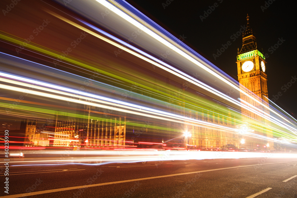 Big Ben with blurred lights at dusk, London