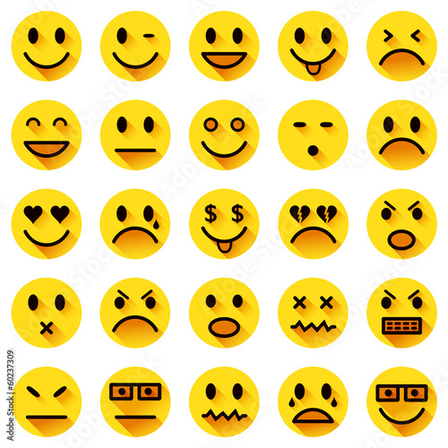 Vector icons of yellow smiley faces with long shadows