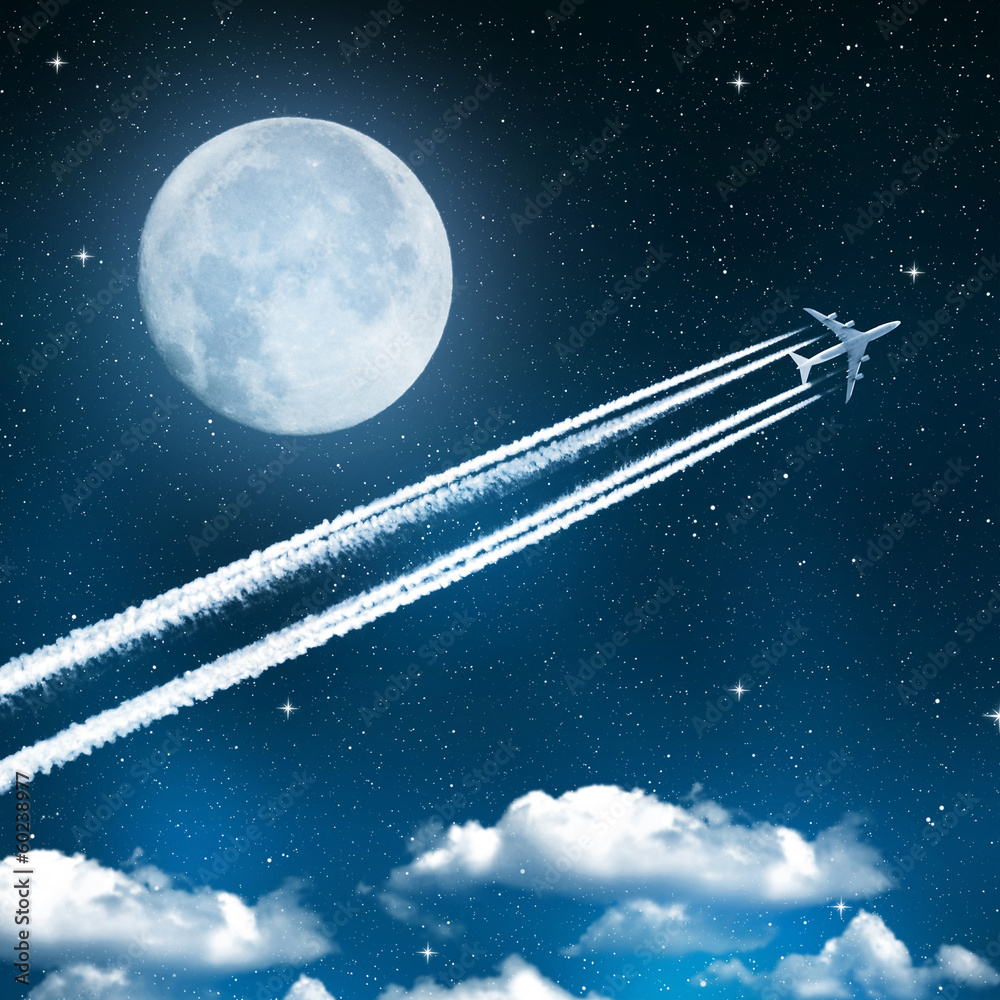 aircraft on night sky with moon aircraft on night sky with moon