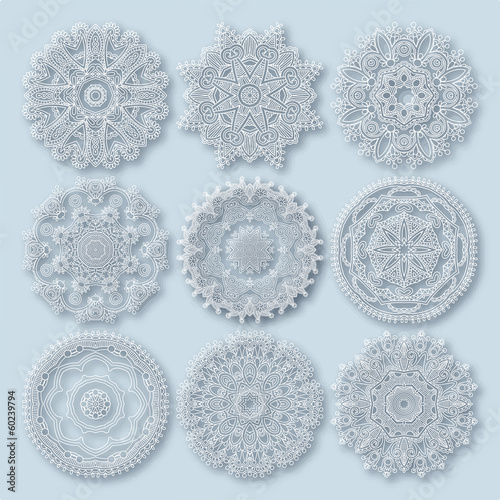 Circle lace ornament, round ornamental geometric doily pattern,
