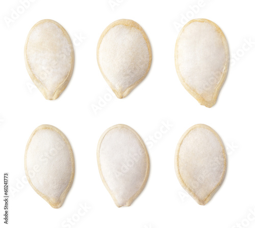 Set of single salted pumpkin seeds on white with clipping path