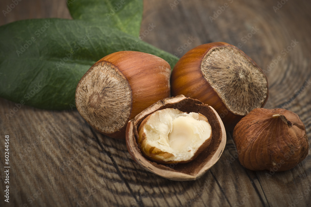 Hazelnuts group close up on the wooden table