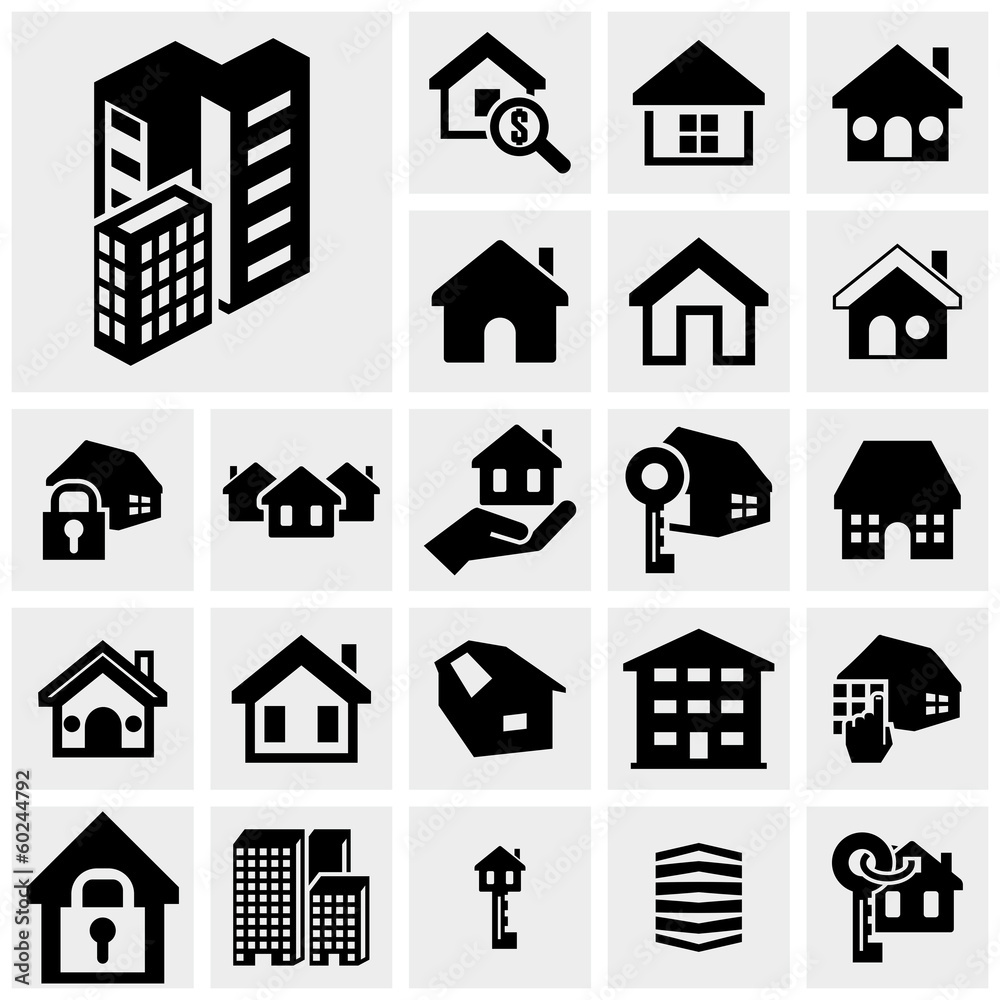 Houses and buildings icons set. Real estate.