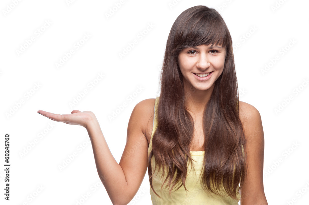 girl pointing at empty space girl pointing at empty space