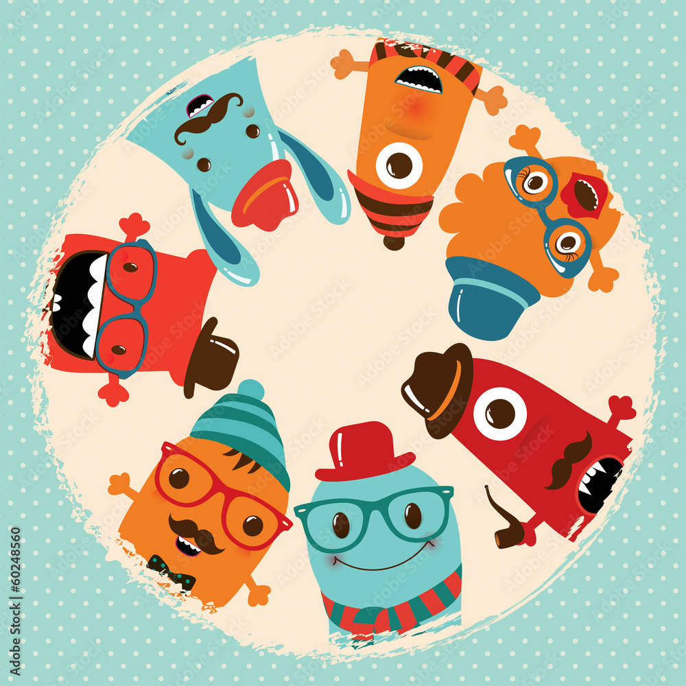 Fototapeta premium Hipster Retro Monsters Card Illustration, Banner, Background
