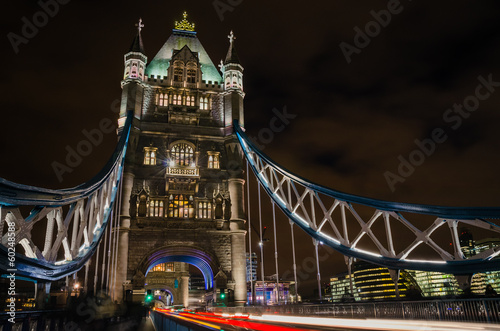 Tower Bridge at NIght with Light Trails left by Passing Cars